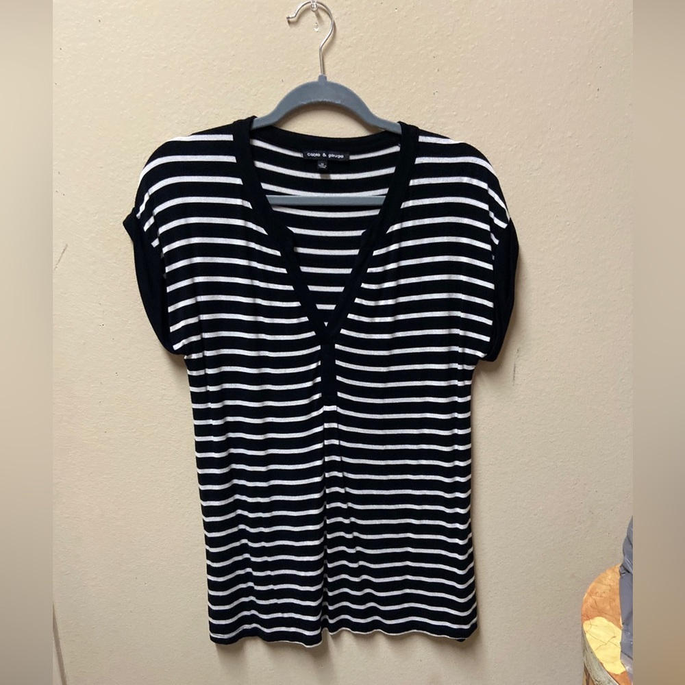 Cable & Gauge Women Black White Striped Cap Sleeve VNeck Viscose Tunic Top large